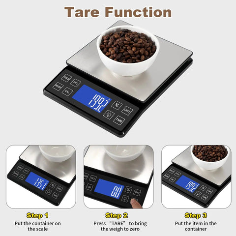 Pro Grade Digital Kitchen Scale With 0.1g 0.001oz Precision, 5kg 11lb Capacity, tare function demonstration with coffee beans.
