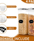 4L Cereal Storage Set With Airtight Containers And Lids, 4 Pack Pantry Organizer With Pour Spouts Measuring Cup Labels And Marker