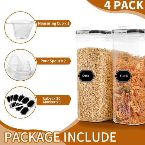 4L Cereal Storage Set With Airtight Containers And Lids, 4 Pack Pantry Organizer With Pour Spouts Measuring Cup Labels And Marker
