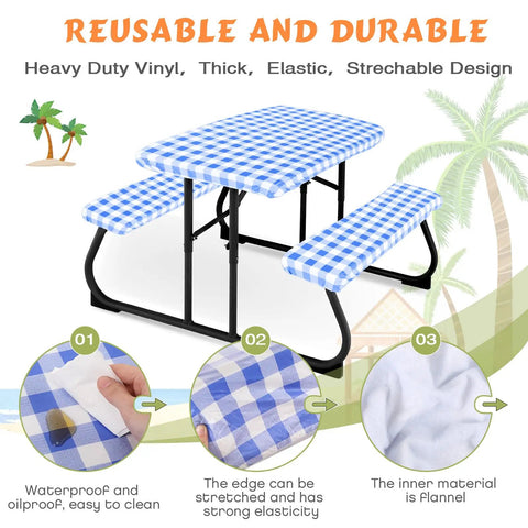 Three Piece Picnic Table Cover Set With Fitted Tablecloth And Bench Covers For Outdoor Dining, Waterproof Vinyl Table Linen, Checker Blue White Pattern
