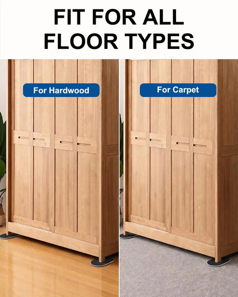 Big Time Heavy Duty Furniture Sliders 16 Piece Set Large Oval Floor Glide Pads For Carpet And Hardwood under a wardrobe on hardwood and carpet.