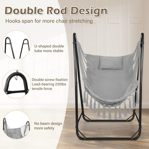 Heavy Duty U Shaped Hammock Chair With Stand Ready To Chill Rustproof Hanging Swing For Yard And Garden in light gray