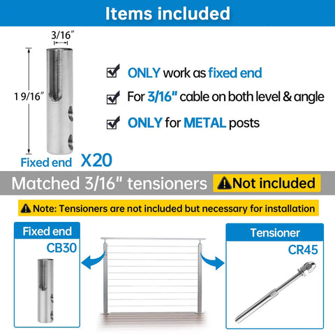 Infographic showing a Three Sixteenth Inch Cable Railing Kit Fixed End For Wire Rope In Hollow Metal Posts, 20 pack, with product details.