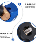 Close-up of Pro-Grade T-Track Clamp Quick-Act Hold-Down For Woodworking And Carpentry parts including T slot clip and aluminum alloy.