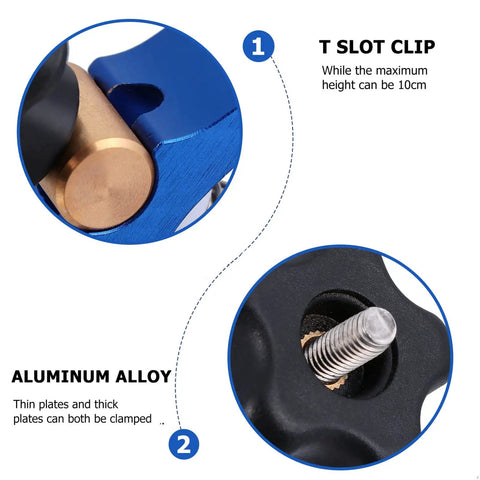 Close-up of Pro-Grade T-Track Clamp Quick-Act Hold-Down For Woodworking And Carpentry parts including T slot clip and aluminum alloy.