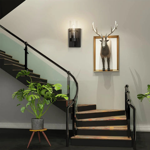 Black Industrial Wall Light Fixtures With Clear Glass Wall Mount Sconces Vintage Style Sconce Lamp For Living Room Bedroom And Hallway Matte Black Finish Explosion Proof Glass Shade Bulb Not Included on stairwell