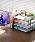 4-Tier Paper Organizer With Magazine Holder, Desktop Storage With Multiple Compartments For A4 Papers, Files, Books, And Office Accessories, Black Desk Organizer To Tidy Up Your Workspace on a wooden desk