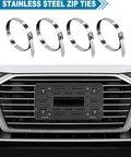 Front License Plate Bracket With Full Border In Black ABS, 4 Hook Design, Stainless Steel Zip Ties, Bumper Mounting