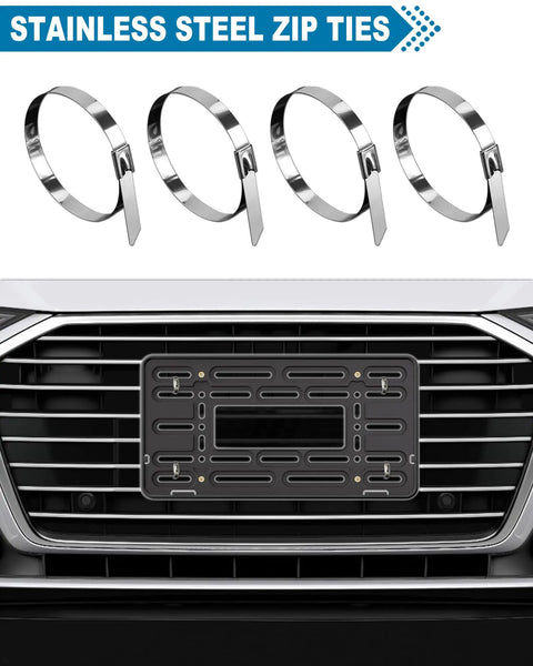 Front License Plate Bracket With Full Border In Black ABS, 4 Hook Design, Stainless Steel Zip Ties, Bumper Mounting