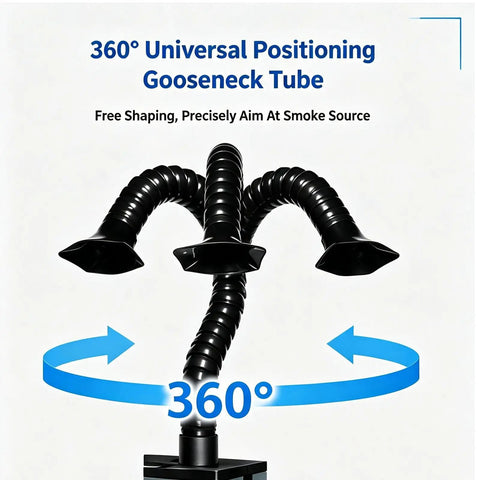 360° Universal Positioning Gooseneck Tube for Heavy Lift Dual Station Solder Fume Extractor With Four Stage Air Filtration.