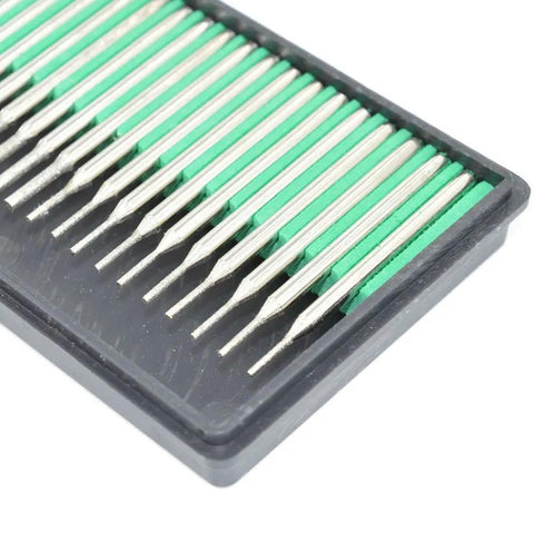 Close-up of a 60 Piece Diamond Drill Bit Set For Jewelry Making And Lapidary, 1mm 2mm And 3mm Mix With One Eighth Inch Shanks, in case.