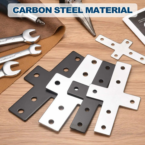 Six Piece Cross Shape Corner Brackets For 3030 Aluminum Extrusion Carbon Steel Joint Plates on desk with tools