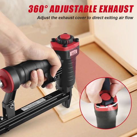 Lightweight Pneumatic 20 Gauge Upholstery Stapler For T50 Staples From One Quarter Inch To Nine Sixteenths Inch with adjustable exhaust