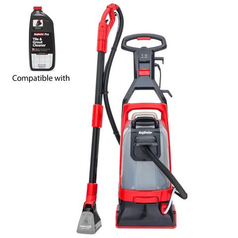 Motorized Grout Cleaning Tool For Deep Carpet Cleaners With 1 Inch Grout Line Guides beside cleaning solution bottle