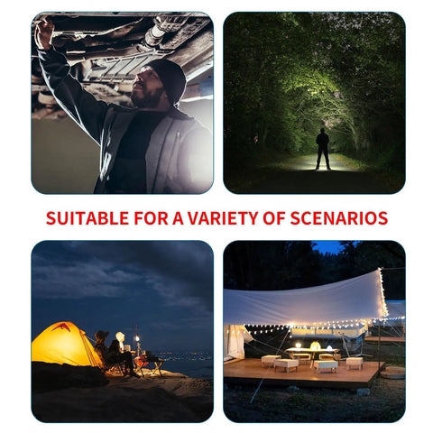 Image showing multiple scenarios where Cordless LED Work Light For Milwaukee M18 Batteries, 80W 6000LM is used, including garage and camping.