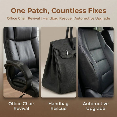 No Sweat Self Adhesive Vinyl Patch For Couches And Furniture on office chair, handbag, and car seat for repairs.