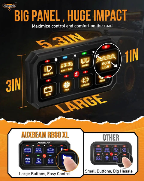Beefed Up Eight Gang Switch Panel With RGB Backlight Momentary Pulsed Toggle for offroad trucks, large panel with buttons.