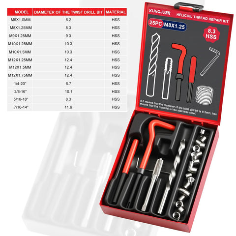 KUNGJUER thread repair kit in red open carry case with M8x1.25 helicoil inserts and HSS drill bits