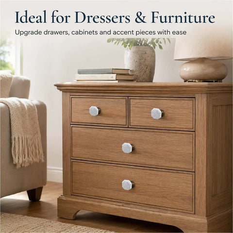 Wood dresser with Six Pack Vintage Cabinet Knobs With White Crackled Ceramic And Antique Brass Base For Farmhouse Kitchen Cabinets