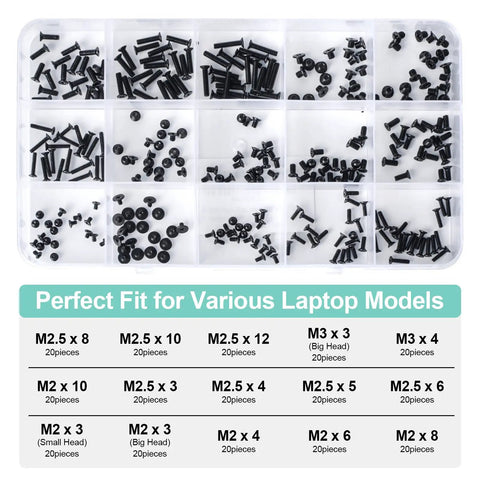 Top Shelf 300 Piece Black Laptop Screw Kit For Notebooks And Desktop Computers Steel Replacement Hardware For Dell Hp Mac Lenovo No Sweat Quick Repair Set in a transparent case with assorted screws.