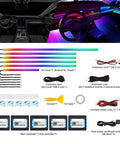 Lit Acrylic Interior Car Led Strip Light Kit With Wireless App, RGB 6 In 1, layout and components display with dimensions.
