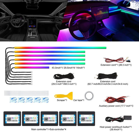 Lit Acrylic Interior Car Led Strip Light Kit With Wireless App, RGB 6 In 1, layout and components display with dimensions.