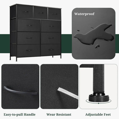 Roomy 9 Drawer Dresser With Wooden Top And Metal Frame Dope Anti Tip Tall Storage Chest Waterproof Material Details