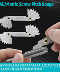 76 Piece Tap And Die Set For Metric And Standard Threads Rethreading Kit showing screw pitch gauge in use