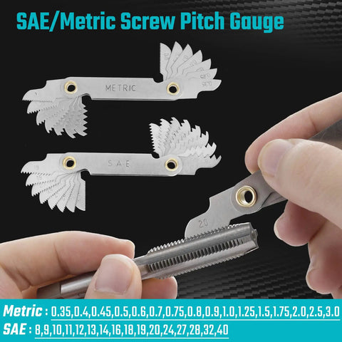 76 Piece Tap And Die Set For Metric And Standard Threads Rethreading Kit showing screw pitch gauge in use