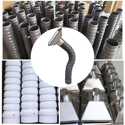 Top Shelf Flexible Duct Collector Arm For Fume Extraction With No Sweat Setup 4 6 And 8 Inch Adjustable Hose Kit for industrial dust collection, showing various hoses and steel hoods.