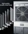 Heavy Duty Evaporative Air Cooler With Three Speed Settings And Six Included Ice Packs For Smooth Swamp Cooling showing durable metal body and air grill.