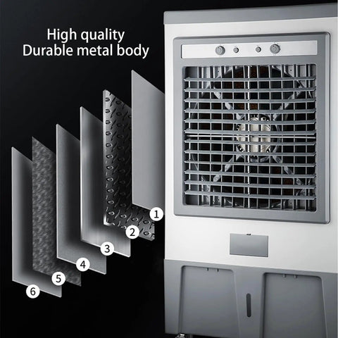 Heavy Duty Evaporative Air Cooler With Three Speed Settings And Six Included Ice Packs For Smooth Swamp Cooling showing durable metal body and air grill.