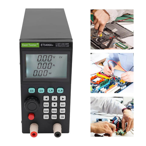 Hardcore Programmable DC Load Tester For Power Labs And DIY Builds, 200W 0-20A 0-120V Battery Tester With All Round 4 Core Modes And 5 Advanced Tests, Delivers Ultra Fine 1mV and 1mA Readings For Precise Power Supply Checks. Front view of black bench load tester with display and controls.