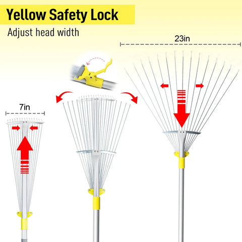 Expandable Leaf Rake For Lawns And Gardens With 7 To 23 Inch Head And 64 Inch Adjustable Metal Handle Collapsible Yard Rake For Cleaning Leaves Grass Clippings And Debris When Camping showing adjustable head size and yellow lock mechanism.