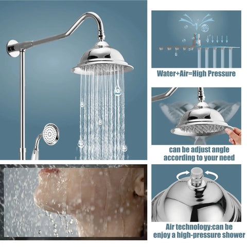 Polished Chrome Shower System with 8 Inch Rainfall Head 12 Inch Extension Tube Handheld Spray Dual Lever Mixer All Metal Brass Construction