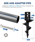 Dock Pole Auger for Aluminum Poles and 2 Inch O D Tubing with stainless bolt and nut, including measurements and details
