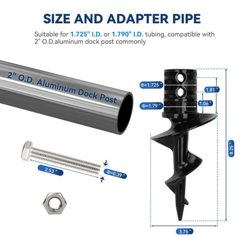 Dock Pole Auger for Aluminum Poles and 2 Inch O D Tubing with stainless bolt and nut, including measurements and details