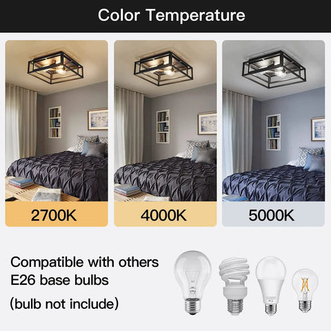 Black 3 Light Flush Mount Ceiling Fixture with Industrial Metal Style in 2700K, 4000K, and 5000K color temperatures, E26 base.