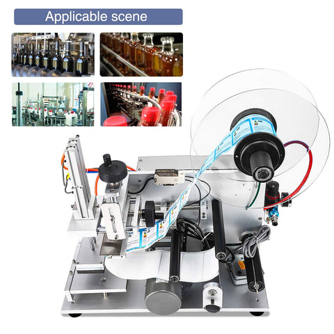 Rock Solid Semi Automatic Plane Labeling Machine With Adjustable Applicator For Flat Bottles, applying labels in a production setup.