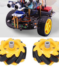 Pair of yellow 48mm mecanum omni wheels with gray center bore for DIY robot kits and TT motor builds