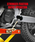 Close-up of Beefy Heavy Duty Hydraulic Foot Operated Motorcycle Lift Table With 350 Lb Capacity securing a bike wheel