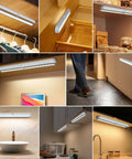T01L 20 LED Wireless Motion Sensor Closet Light installed in various spaces like closets, cabinets, and under counters