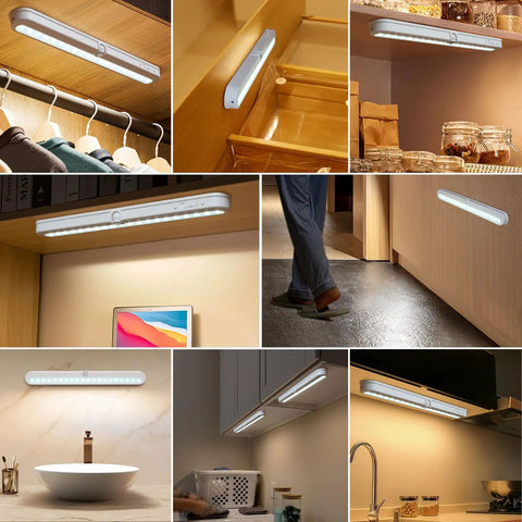 T01L 20 LED Wireless Motion Sensor Closet Light installed in various spaces like closets, cabinets, and under counters
