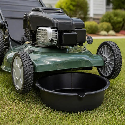 Huge 7 Qt Oil Drain Pan With Built Scale, Leak Proof Spout And Splash Guard Lets You Grab Used Motor Oil Quick Without Mess Or Hassle For Your Garage Game positioned under a lawn mower on grass.