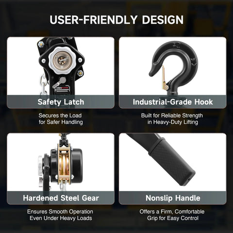 User-friendly design features of Lever Chain Hoist One And One Half Ton Capacity 3300 Lb Manual Chain Hoist with Safety Latch and Nonslip Handle