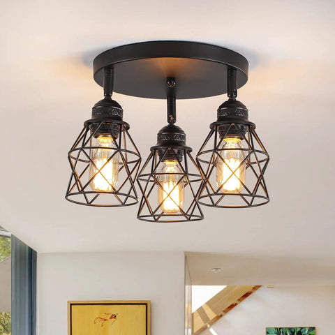 Adjustable Multi Directional Ceiling Light Fixture With E26 Base For Kitchen Hallway And Dining Room Semi Flush Mount Black Farmhouse Industrial Iron Cage Spotlight