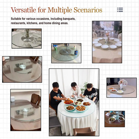 Tabletop Turntable Lazy Susan With 360 Degree Smooth Silent Spin Tempered Glass Serving Tray For Dining Banquets Weddings And Family Gatherings Heavy Dishes Easy Rotation Party Ready With Multiple Sizes in use for dining and serving.