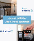 Clear Ultimate Baby Gate With Auto Close Walk Through No Fuss Safe Step Design Secure Handle Pressure Mounted Stairs Gate Warm Black Finish Fits Openings 44.5 To 48 Inches Includes 2x8 Extensions, showing lock mechanism.