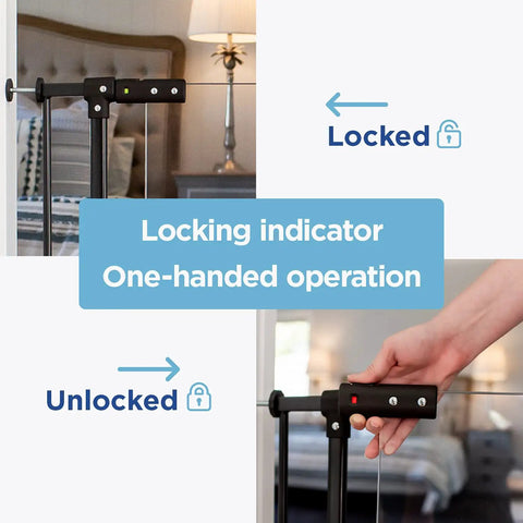 Clear Ultimate Baby Gate With Auto Close Walk Through No Fuss Safe Step Design Secure Handle Pressure Mounted Stairs Gate Warm Black Finish Fits Openings 44.5 To 48 Inches Includes 2x8 Extensions, showing lock mechanism.