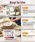 120-swab lead test kit by Amazon; kitchen scene with vinegar activation and color-chart readout